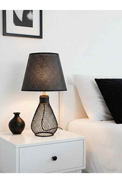 Decodelight Siyah Hasır Tel Ampul Model Metal Ayaklı Hasır Siyah ve Krem, Has...