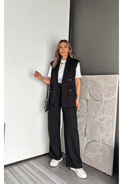 EGZOTİK ASORTİK Striped Gold Buttoned Vest Pants Lycra Suit