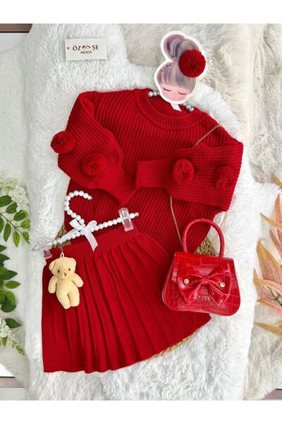 ÖZSEMODA Red Pompom Sweater and Teddy Bear Knitwear Skirt Set with Bag