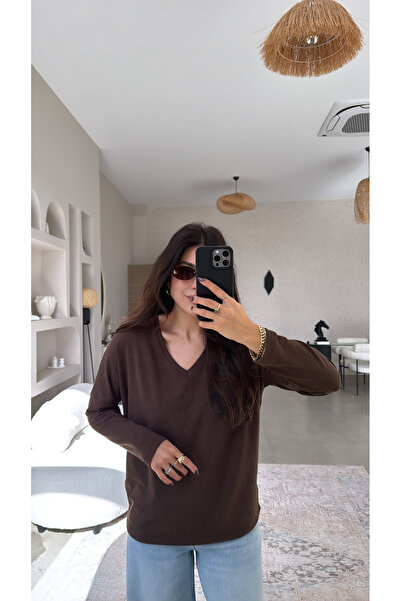 Buket Teke Brown V-Neck Long Sleeve Imported Fabric Blouse