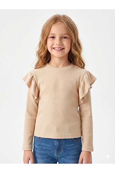 Kalyoncu Butik Kız Çocuk Bej Fırfırlı Ribana Uzun Kollu Yumuşak Dokulu Şık Ba...