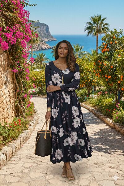 Viyamo Yeni Sezon Kadın Uzun Kollu Desenli Maxi Süprem Bayramlık Elbise