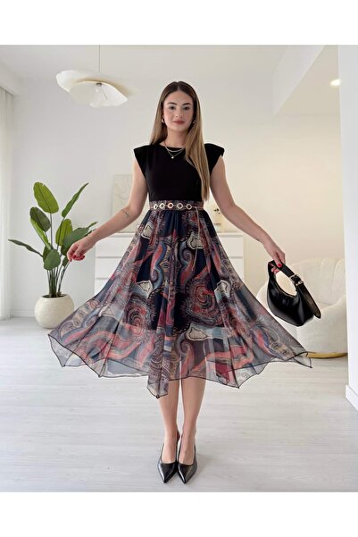 tiamoda Eteği Desenli Midi Boy Kemerli Elbise