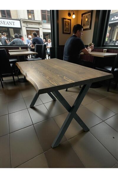 ADIM EBATLAMA CAFE MASA CEVİZ KÖKNAR Kütük Masa X AYAK SİYAH 140x70