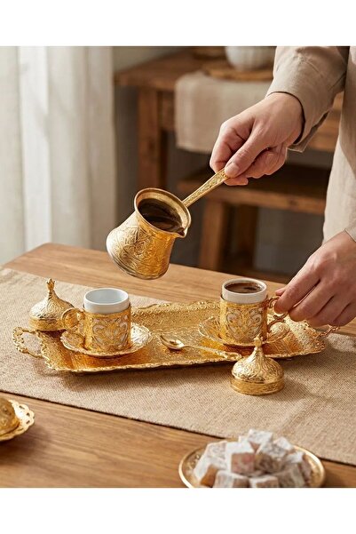 ArnaBella Sarmaşık Cast Iron Coffee Pot Gold Coffee Set for 2 People with Tray
