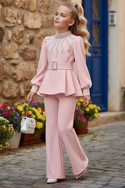 Riccotarz Girl's Collar Pearl Detailed and Lined Blouse Loose Cut Pants Belte...