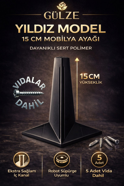 GÜLZE (15 cm) Black Color Star Model Furniture Leg (Furniture Leg, Cabinet, S...