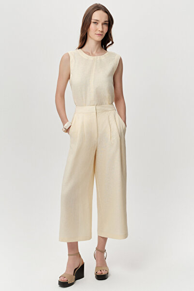 Exquise Zippered Culotte Regular Linen Trousers with Pockets