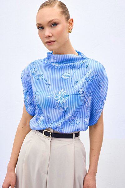 Sateen Short Sleeve Patterned Blouse - Blue