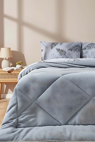 Rivaİstanbul Gray Leaf Loura Double Double Sided Luxury Wellsoft Quilt Set 19...