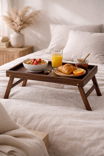 DİVAYS Acacia Bamboo Folding Bed Tray with Legs 50X30 cm Breakfast Presentation