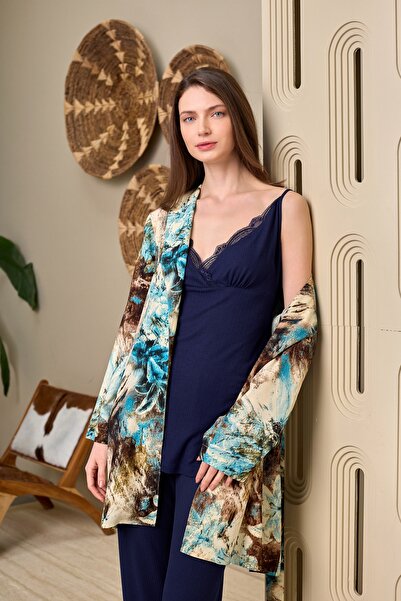 Yulem Homewear Navy Blue Patterned Shawl Collar Strap Lace Embroidered Cotton...