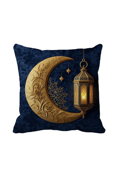 Queen Jera غطاء وسادة فاخر مزخرف باللون الأزرق الداكن والذهبي بتصميم هلال مزخ...
