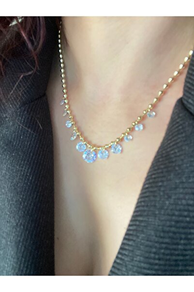 Byoz store 14K Altın Kaplama Sallantılı Yuvarlak Taşlı Kolye – Zirkon Taşlı T...