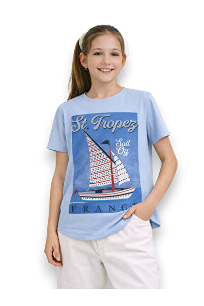 Victor and Jane Girls St. Tropez France Graphic Embellished T-Shirt (Light Bl...