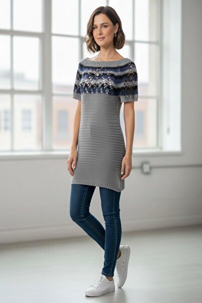 powermıxs Luna Patterned Boat Neck Summer Knitwear Dress, Size 36/40 Compatible
