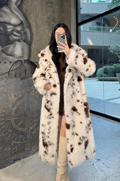 Markasız ucuz Kruvaze Yaka Uzun Kürk Kaban Kahve Beyaz Benekli