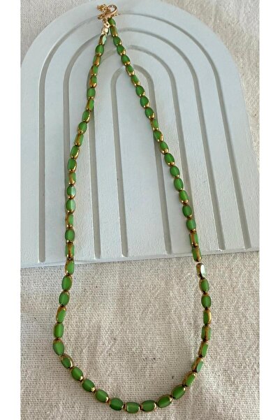 julee.co Zeytin Yeşili Amorf Altın Kaplı Kristal Boncuk Kolye (43+5 CM)