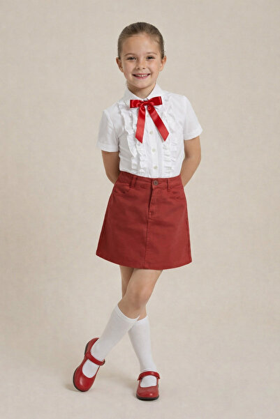 nacar çarşı Girl's Red Bowknot White Ruffle Shirt Red Linen Skirt April 23 Sh...