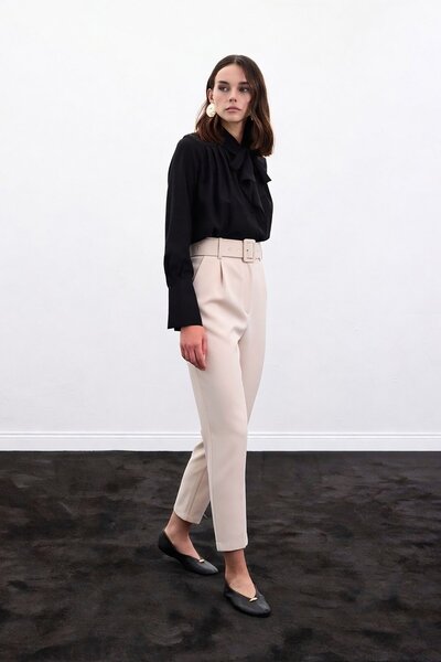 Sateen Belted Trousers - Beige