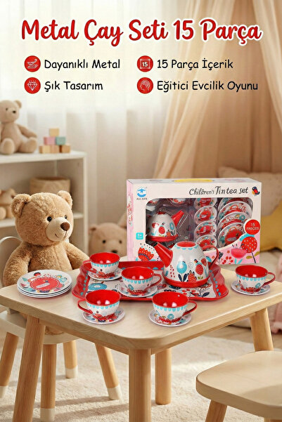 craftivio Metal Oyuncak Çay Seti 15 Parça - Eğitici Evcilik Mutfak Oyunu - Kı...