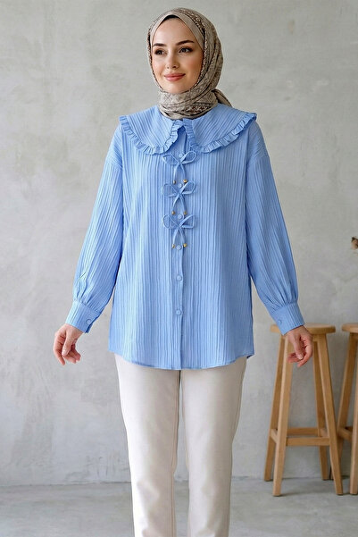 FERHEL Women's Ribbon Detailed Buttoned Baby Collar Hijab Tunic - Blue