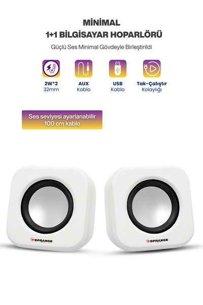 SPRANGE Tak Çalıştır 2'li USB Bilgisayar Hoparlörü – Güçlü Ses, Kompakt Tasar...