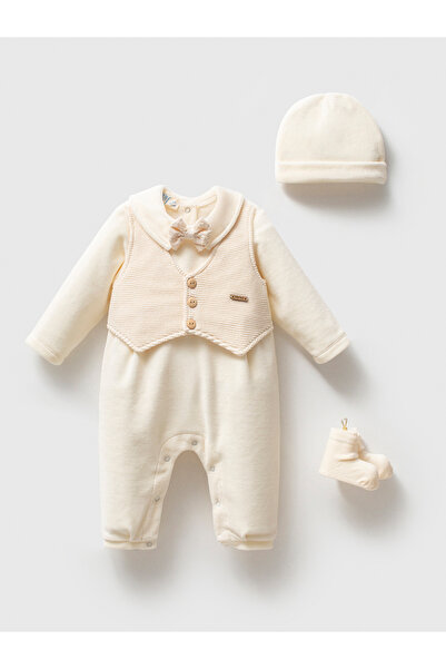 NoyNoy Baby Ekru Papyonlu Yelek Görünümlü Erkek Bebek Tulum, Çıtçıtlı, Şık Me...