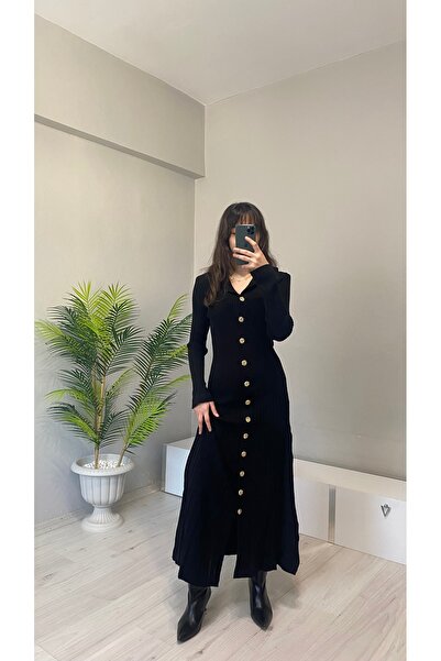 Butik Kadın gold düğme detaylı fitilli uzun triko elbise -Bordo