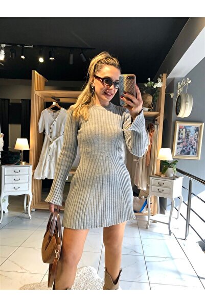 Gözde Tasarım Butik Women's Gray Color Crochet Collar Spanish Sleeves Mini Kn...