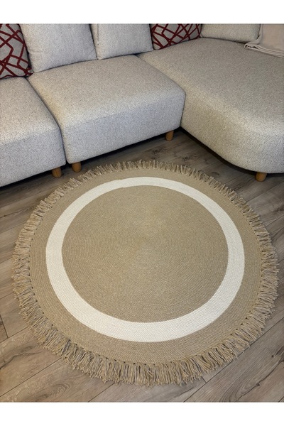 MaVaux Natura Bej Krem Şeritli Burgu Halat, Hasır Örgü Yuvarlak Saçaklı Jüt K...