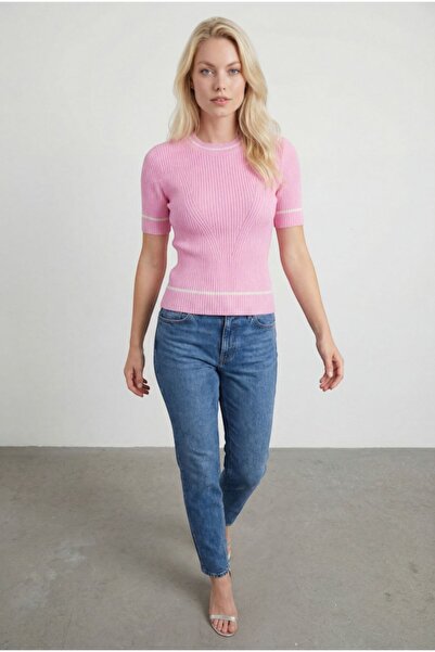 MODAMERSİ Women's Pink Crew Neck Stripe Detailed Short Sleeve Knitwear Blouse