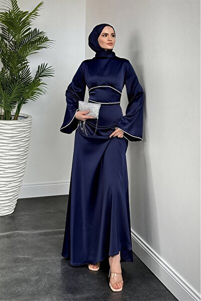 parla official Vlasi Kolu Ve Beli Inci Taşlı Saten Abiye Bordo