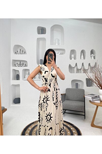 Rabona Fashion Double-Breasted Collar, Waist-Tied, Layered Patterned Maxi Dress