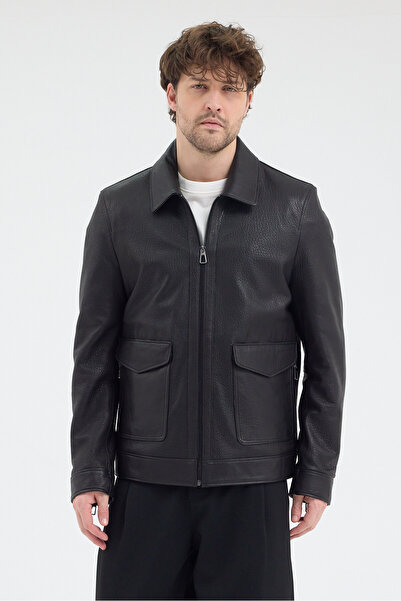 gorgitino Erkek Hakiki Jumbo Deri Ceket Siyah Renk Gömlek Yaka
