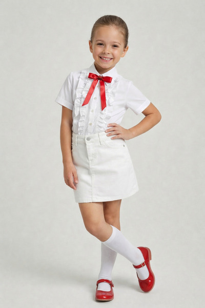 nacar çarşı Girl's Red Bowknot White Ruffle Shirt White Linen Skirt April 23 ...
