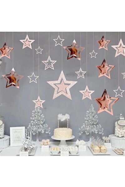 Çemrek Süs Parti 10'lu Yıldız 3d Dekorasyon Tavan Sarkıt Süs RoseGold Renk