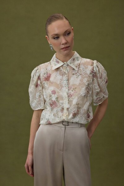 Sateen Embroidered Short Sleeve Shirt - Powder