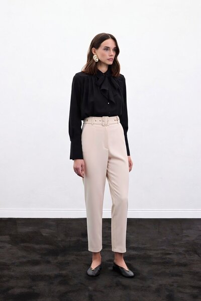 Sateen Belted Trousers - Beige