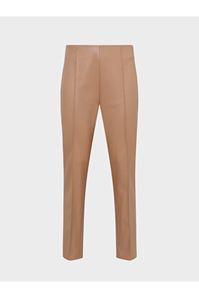 RİVUS High Waisted Ribbed Stitched Cigarette Leg Vegan Leather Pants - Beige