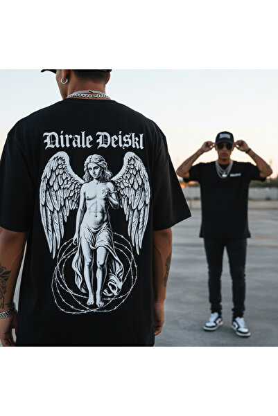 FUWEAR Black Dark Angel Design Printed Crew Neck Oversize T-Shirt