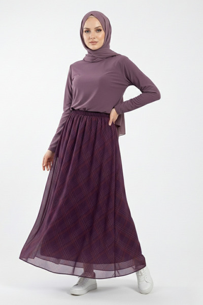 ABAY GİYİM Women's Chiffon Plaid Patterned Long Skirt with Elastic Waist and ...