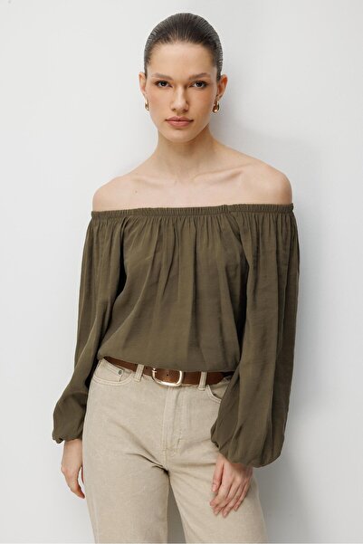 Mixray 4819 Women's Madonna Collar Modal Blouse Khaki