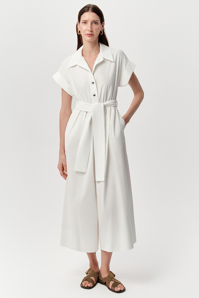 Exquise Shirt Collar Short Sleeve Pocket Belted Midi Regular Jumpsuit