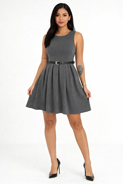 kikiriktekstil 10968 Women's Belt Detailed Pleated Mini Dress