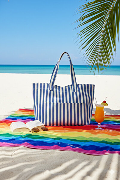 Simfa Women's Colorful Cotton Woven Magnetic Striped Lined Beach Bag