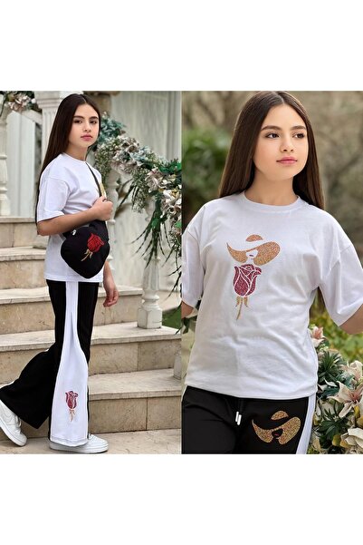 Lucky kidswear GÜL DETAYLI TAŞ İŞLEMELİ ÇANTALI PENYE KIZ TAKIMLAR