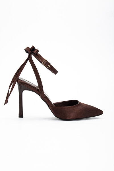RİSSOLİ Pantofi cu toc pentru femei, din satin maro amar, cu detaliu fundă la...