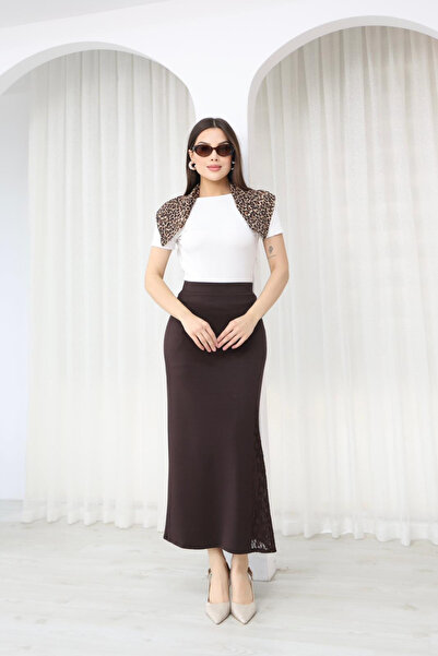 The Robi Women's Brown High Waist Long Pencil Skirt with Side Lace Detail