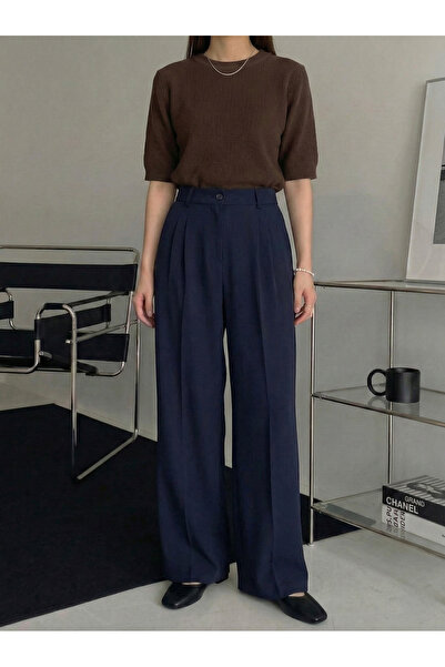 Lunsera Store Front Pleated Detail Palazzo Trousers-Navy Blue